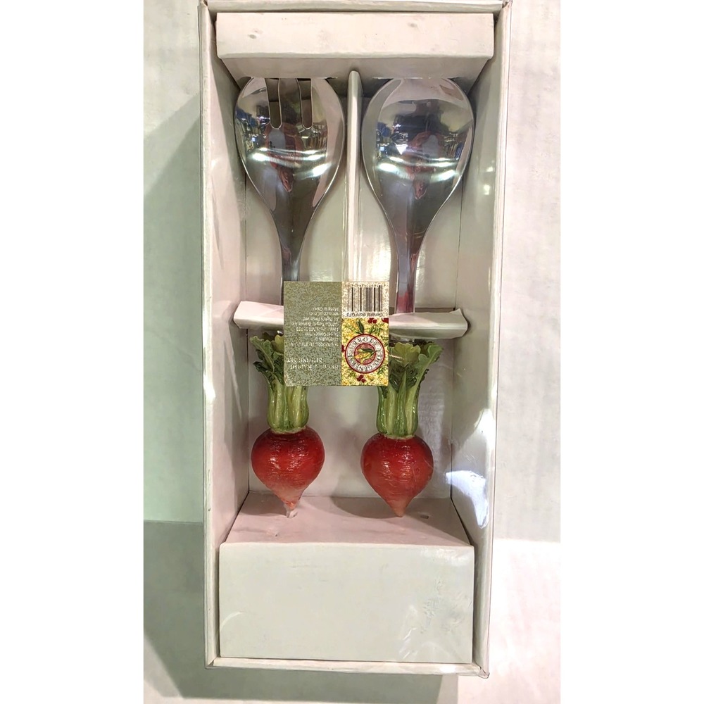 Vintage Radish Ceramic Handle Salad Serving Set Stainless Steel 2pc